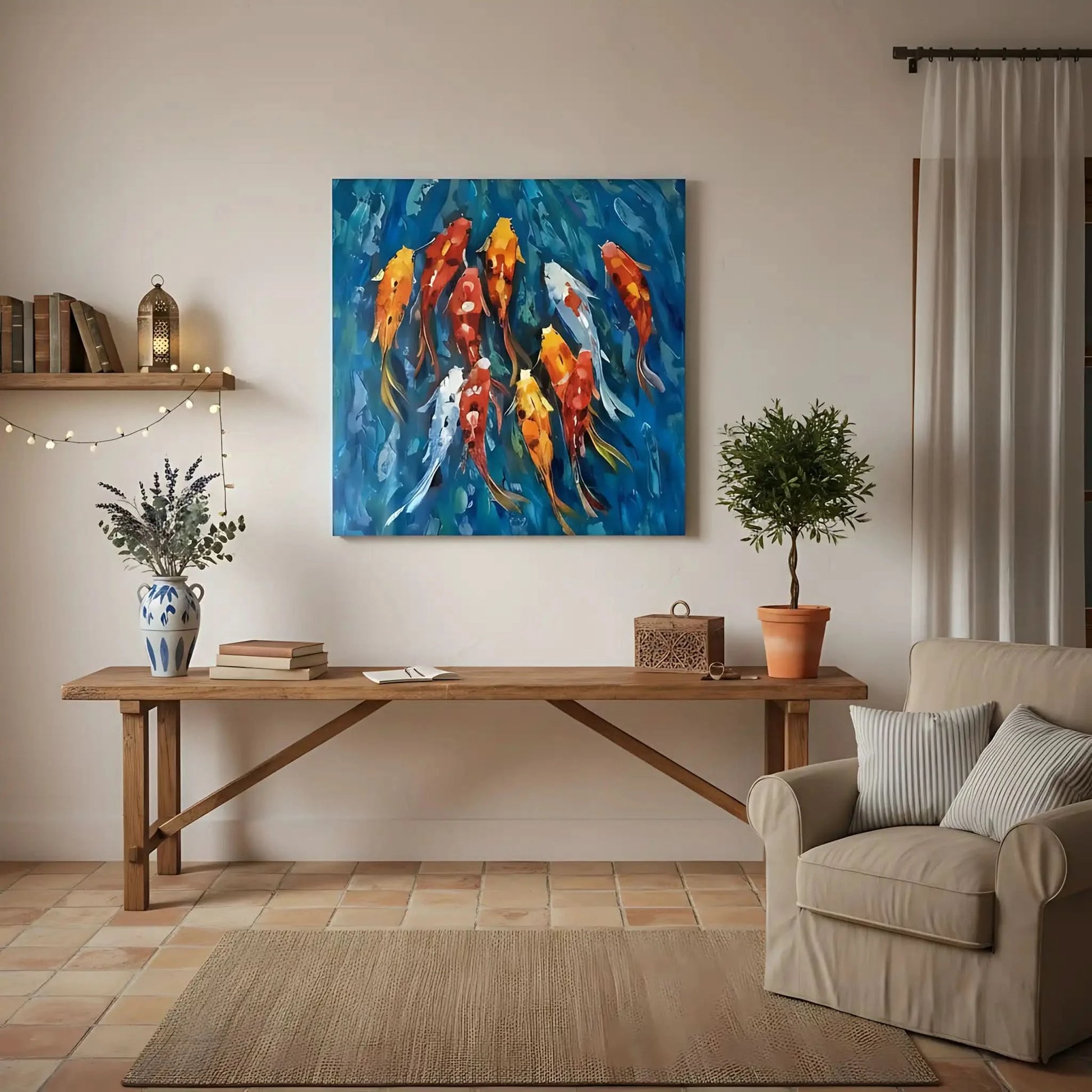 Peinture de carpes koï aux teintes rouges, oranges et blanches, nageant dans des eaux bleu profond, ambiance sereine et dynamic.