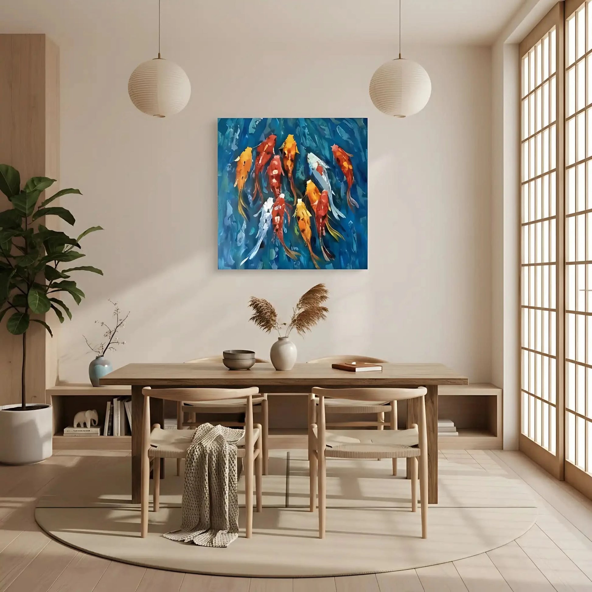 Peinture de carpes koï aux teintes rouges, oranges et blanches, nageant dans des eaux bleu profond, ambiance sereine et dynamic.