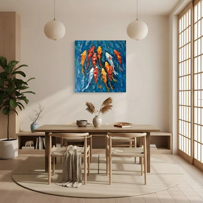 Peinture de carpes koï aux teintes rouges, oranges et blanches, nageant dans des eaux bleu profond, ambiance sereine et dynamic.