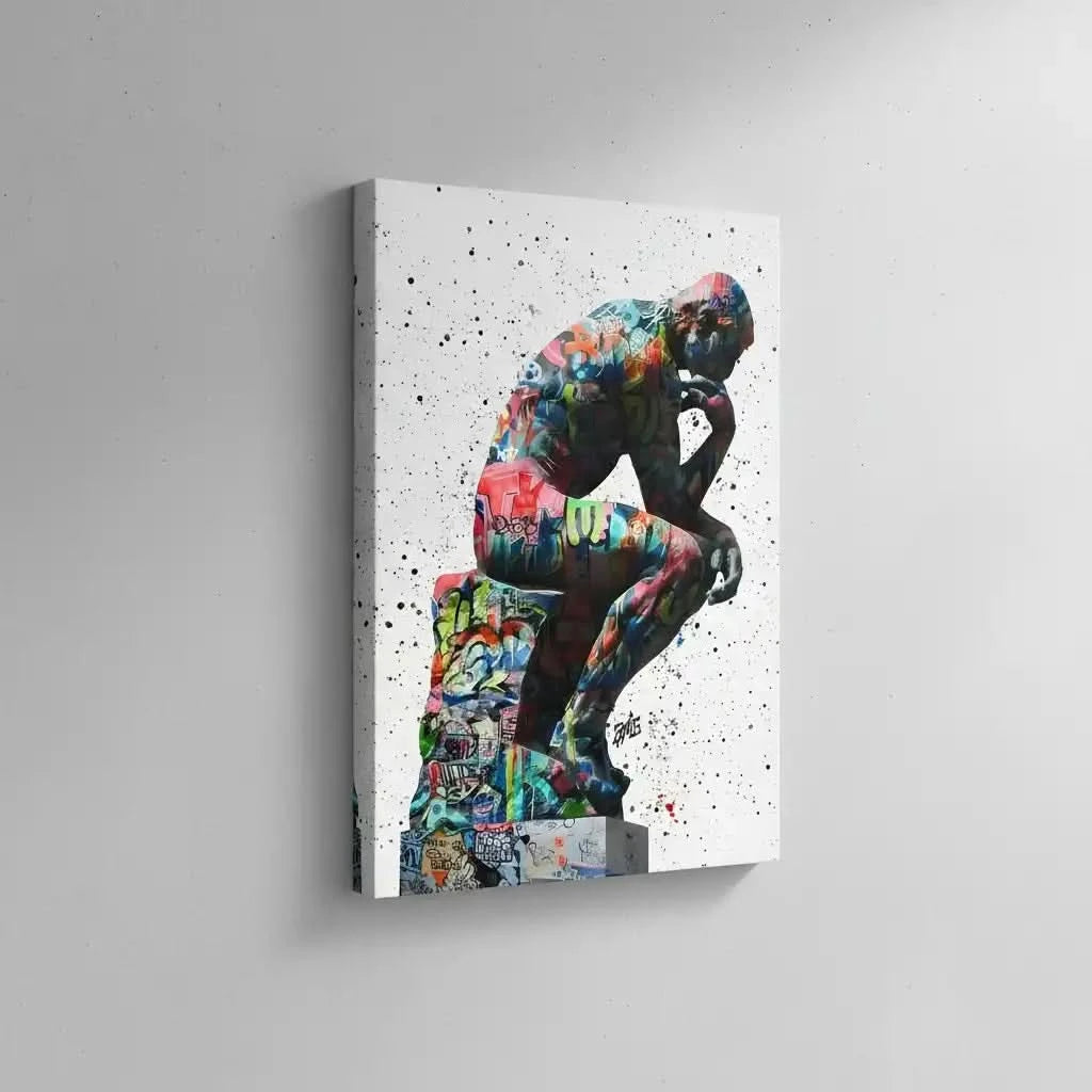 Statue classique recouverte de graffitis multicolores, fond blanc éclaboussé, énergie urbaine pour salon ou bureau moderne.