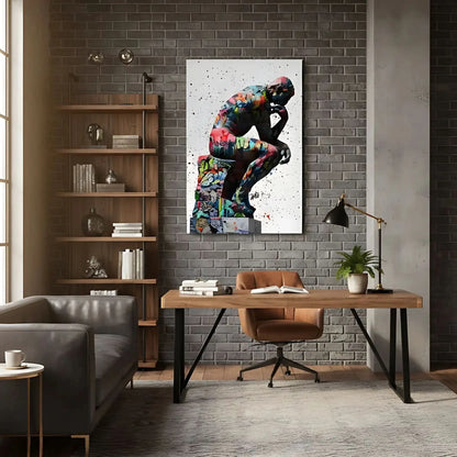 Statue classique recouverte de graffitis multicolores, fond blanc éclaboussé, énergie urbaine pour salon ou bureau moderne.