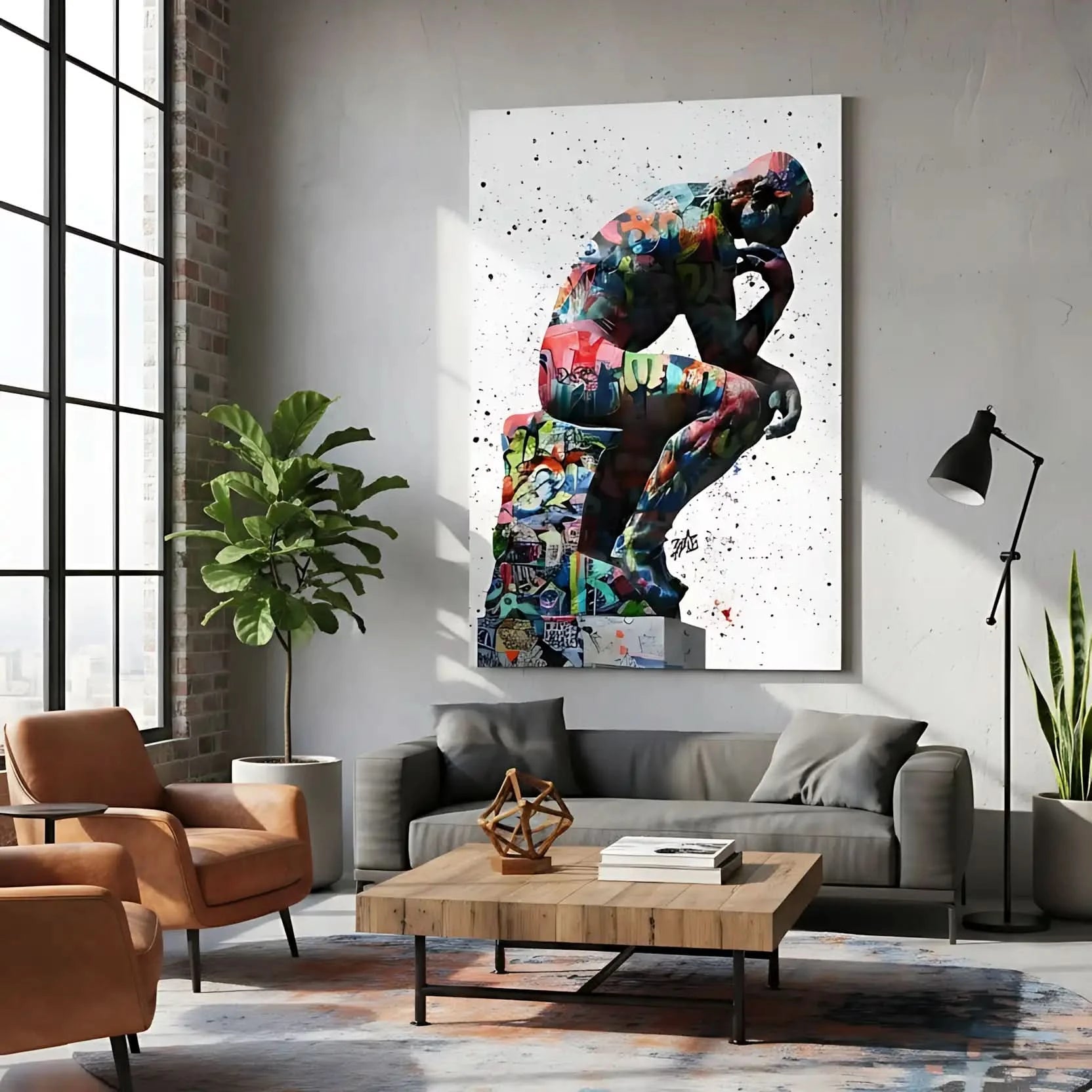 Statue classique recouverte de graffitis multicolores, fond blanc éclaboussé, énergie urbaine pour salon ou bureau moderne.