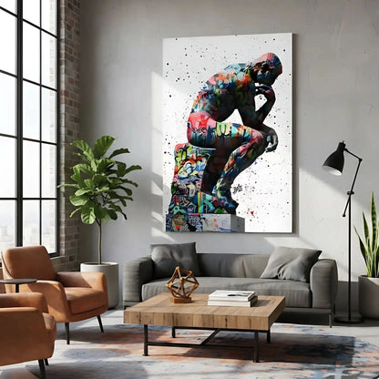 Statue classique recouverte de graffitis multicolores, fond blanc éclaboussé, énergie urbaine pour salon ou bureau moderne.