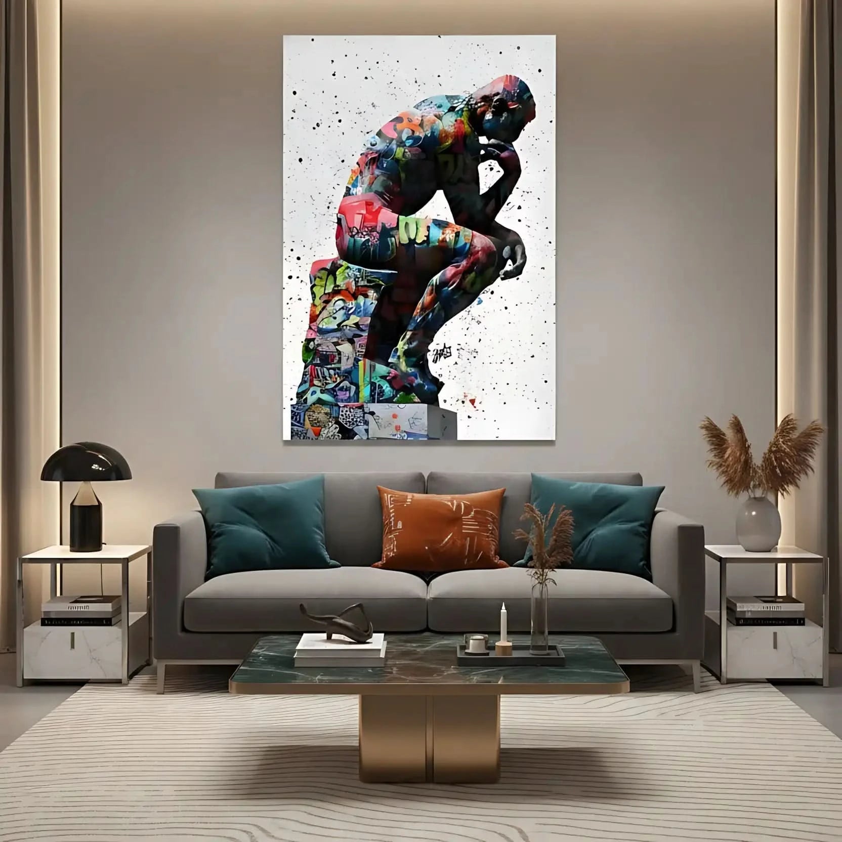 Statue classique recouverte de graffitis multicolores, fond blanc éclaboussé, énergie urbaine pour salon ou bureau moderne.