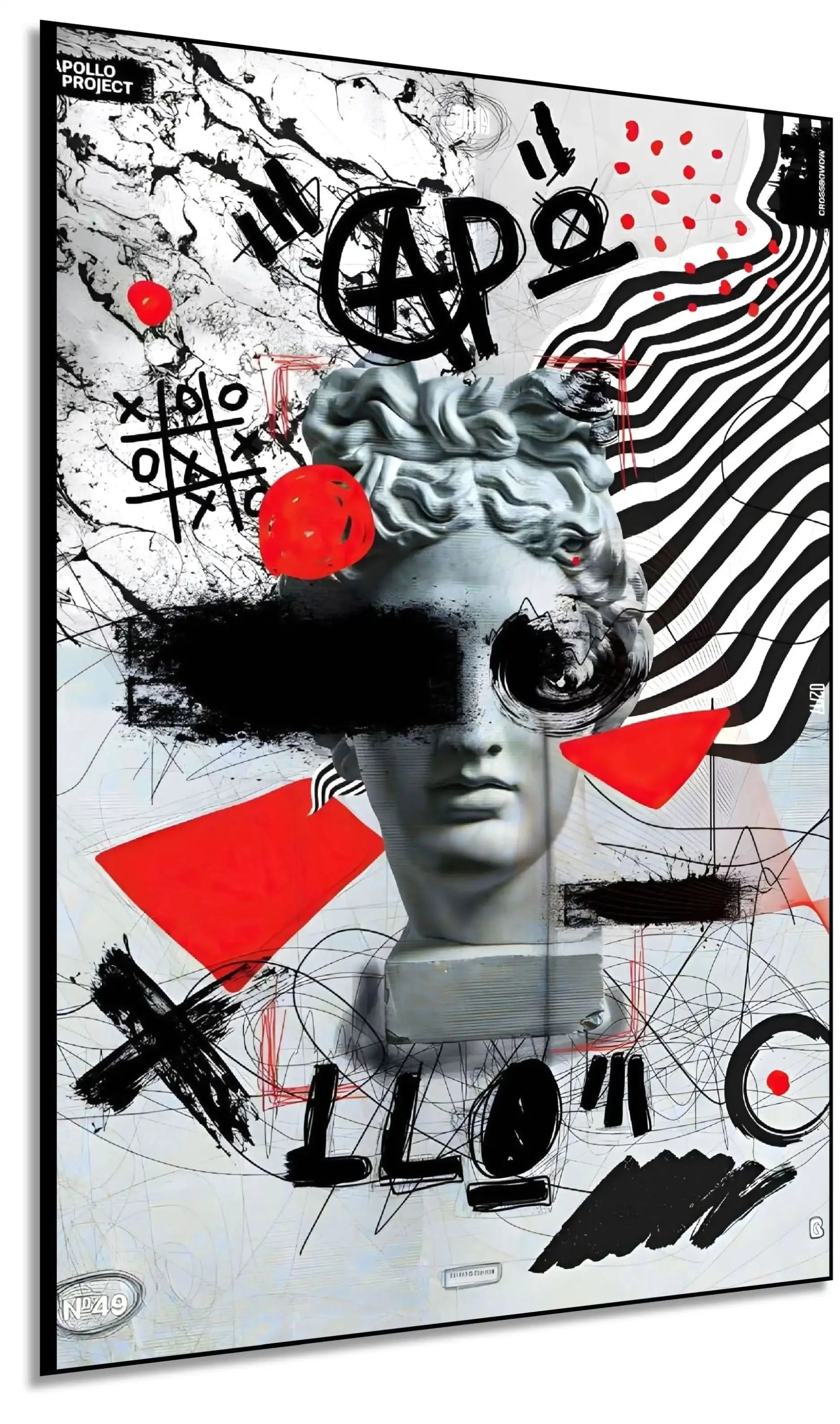 Œuvre Pop Art avec tête d'Apollon, motifs noirs et rouges, ambiance dynamique et avant-gardiste pour salon moderne.