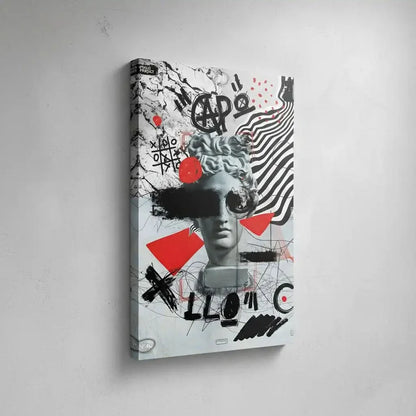 Oeuvre Pop Art avec tête d'Apollon, motifs noirs et rouges, ambiance dynamique et avant-gardiste pour salon moderne.