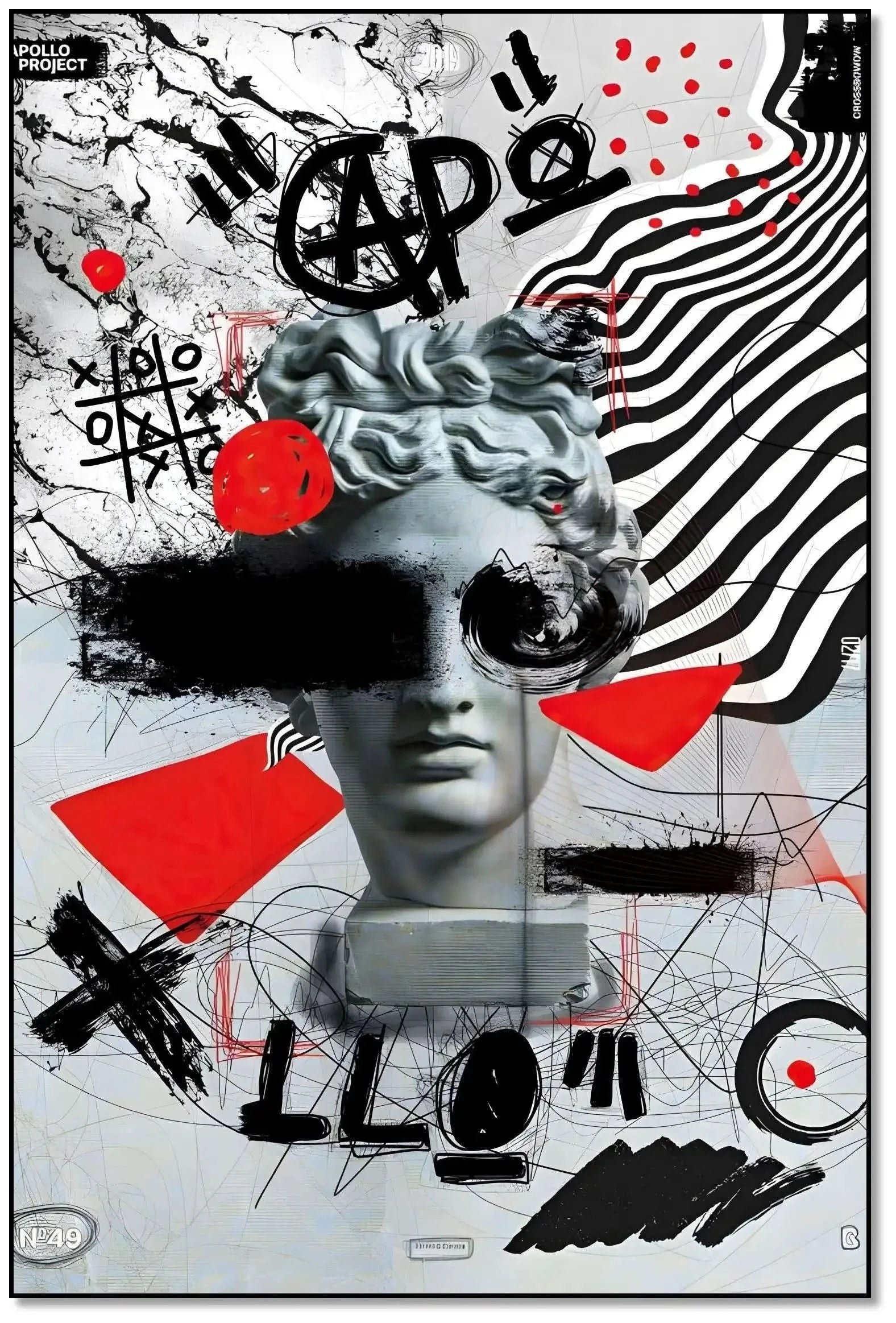Œuvre Pop Art avec tête d'Apollon, motifs noirs et rouges, ambiance dynamique et avant-gardiste pour salon moderne.