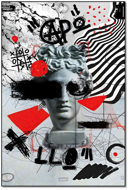 Œuvre Pop Art avec tête d'Apollon, motifs noirs et rouges, ambiance dynamique et avant-gardiste pour salon moderne.