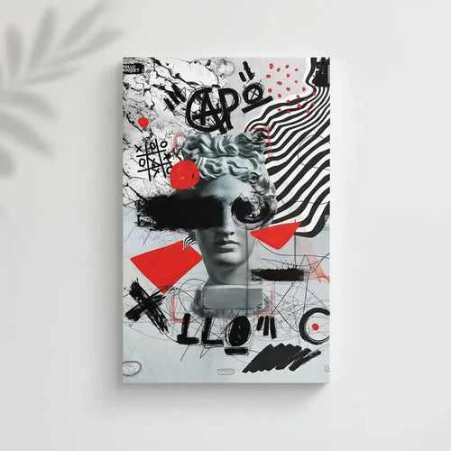 Oeuvre Pop Art avec tête d'Apollon, motifs noirs et rouges, ambiance dynamique et avant-gardiste pour salon moderne.