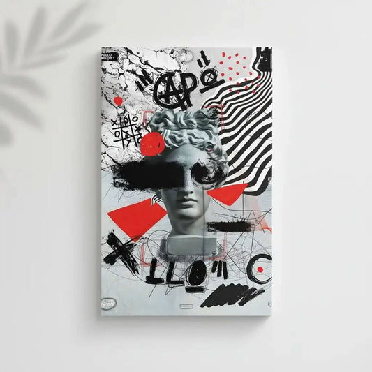 Oeuvre Pop Art avec tête d'Apollon, motifs noirs et rouges, ambiance dynamique et avant-gardiste pour salon moderne.