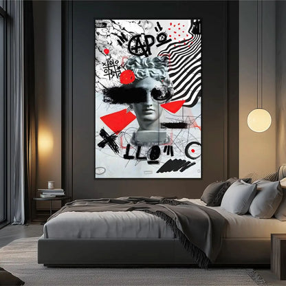 Œuvre Pop Art avec tête d'Apollon, motifs noirs et rouges, ambiance dynamique et avant-gardiste pour salon moderne.
