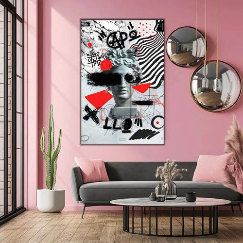 Œuvre Pop Art avec tête d'Apollon, motifs noirs et rouges, ambiance dynamique et avant-gardiste pour salon moderne.