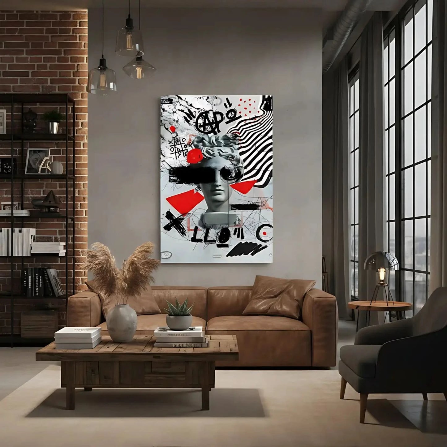 Oeuvre Pop Art avec tête d'Apollon, motifs noirs et rouges, ambiance dynamique et avant-gardiste pour salon moderne.