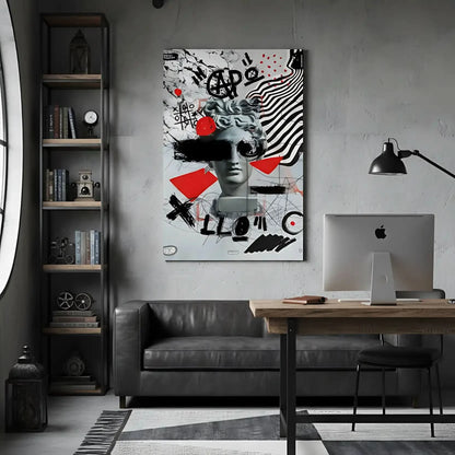 Oeuvre Pop Art avec tête d'Apollon, motifs noirs et rouges, ambiance dynamique et avant-gardiste pour salon moderne.