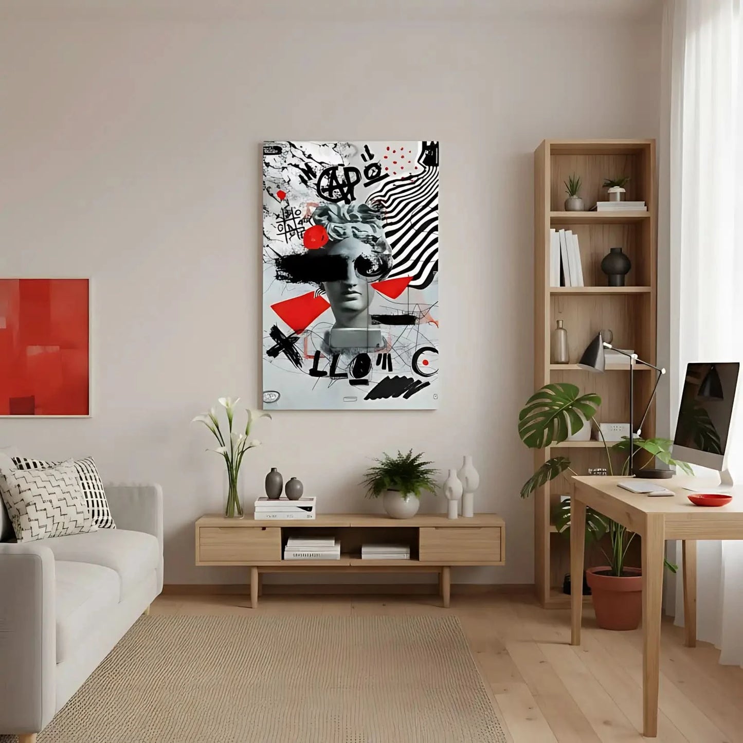 Oeuvre Pop Art avec tête d'Apollon, motifs noirs et rouges, ambiance dynamique et avant-gardiste pour salon moderne.