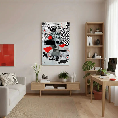 Oeuvre Pop Art avec tête d'Apollon, motifs noirs et rouges, ambiance dynamique et avant-gardiste pour salon moderne.
