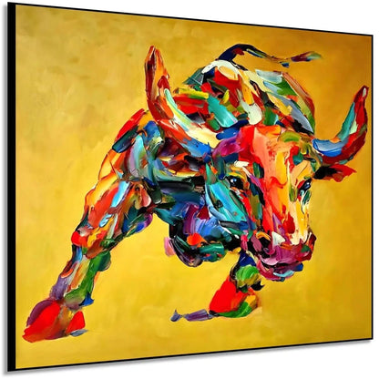 Tableau vibrant de taureau aux couleurs éclatantes, fond doré, idéal pour salon moderne ou bureau, ambiance dynamique.