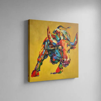 Tableau vibrant de taureau aux couleurs éclatantes, fond doré, idéal pour salon moderne ou bureau, ambiance dynamique.