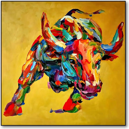 Tableau vibrant de taureau aux couleurs éclatantes, fond doré, idéal pour salon moderne ou bureau, ambiance dynamique.