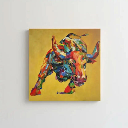 Tableau vibrant de taureau aux couleurs éclatantes, fond doré, idéal pour salon moderne ou bureau, ambiance dynamique.