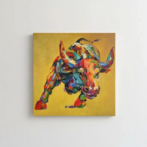 Tableau vibrant de taureau aux couleurs éclatantes, fond doré, idéal pour salon moderne ou bureau, ambiance dynamique.