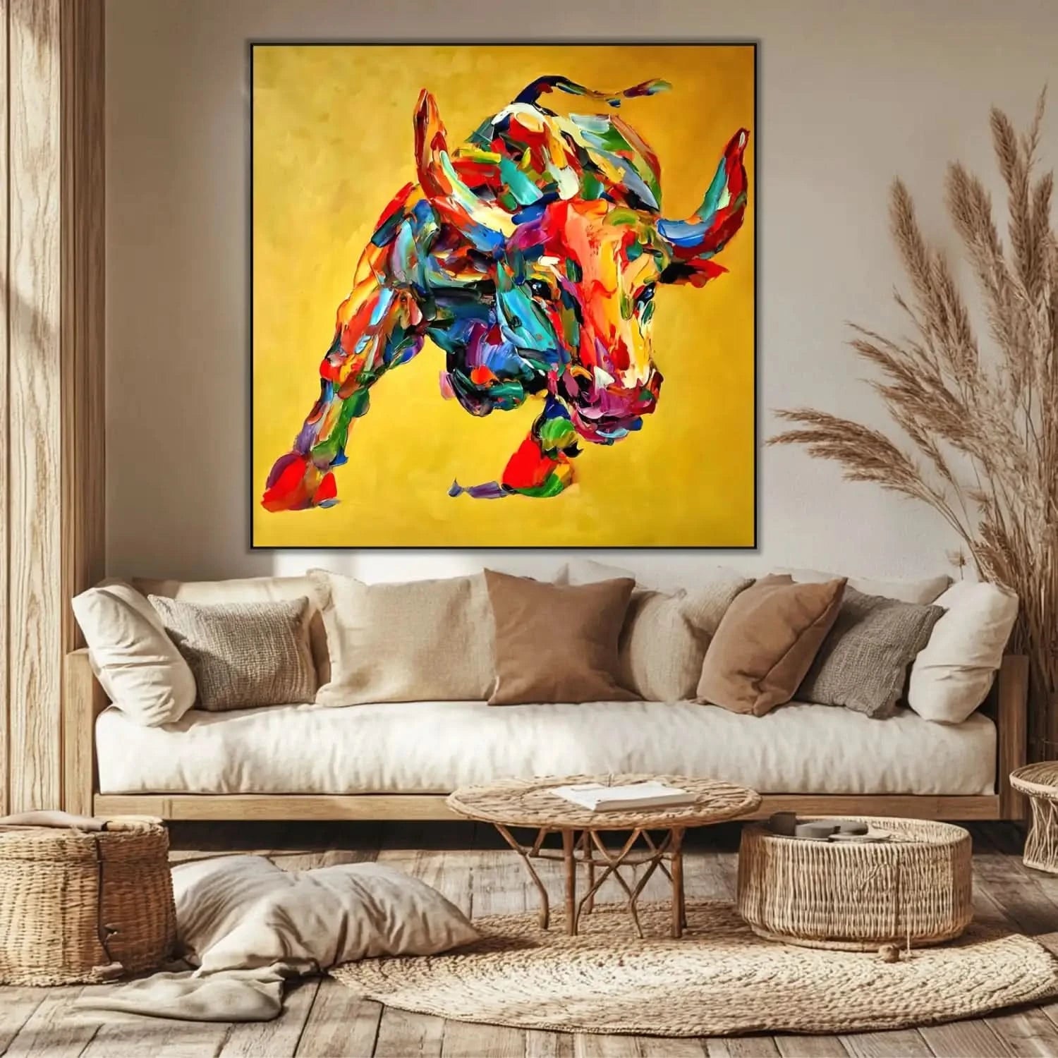 Tableau vibrant de taureau aux couleurs éclatantes, fond doré, idéal pour salon moderne ou bureau, ambiance dynamique.