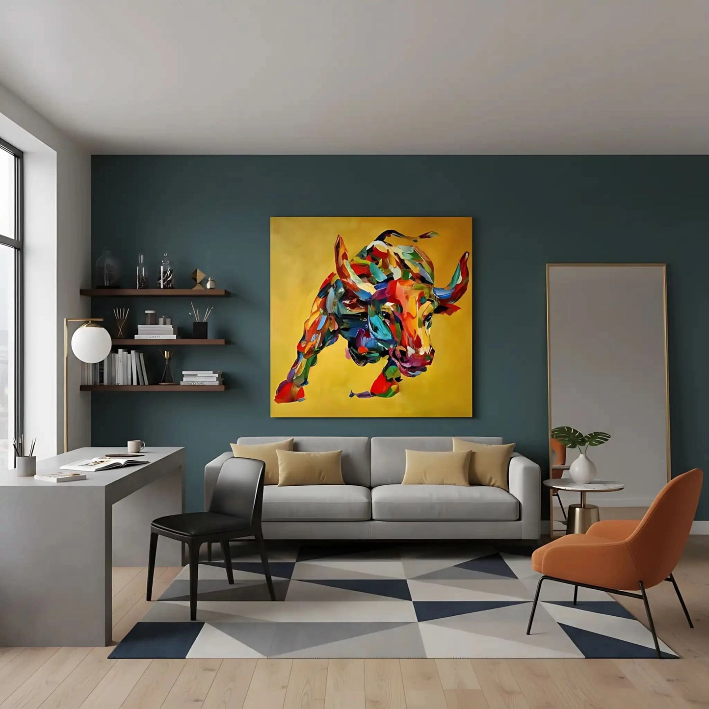 Tableau vibrant de taureau aux couleurs éclatantes, fond doré, idéal pour salon moderne ou bureau, ambiance dynamique.