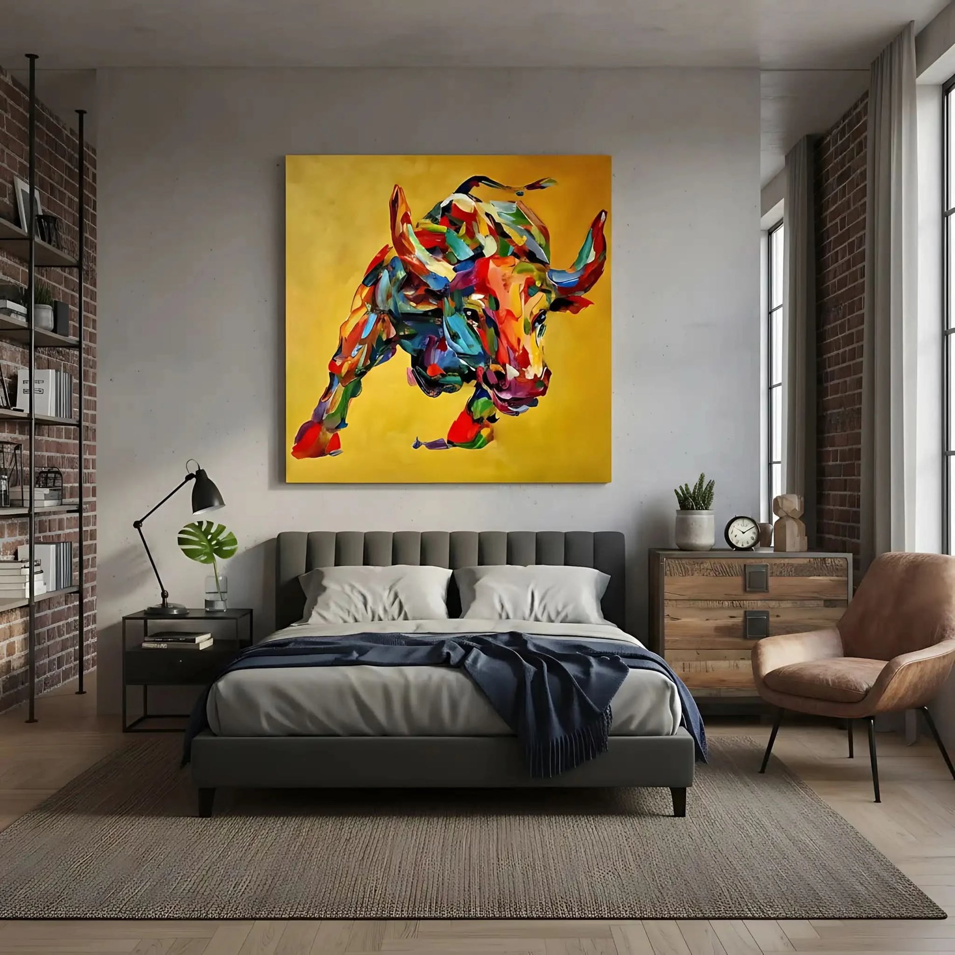 Tableau vibrant de taureau aux couleurs éclatantes, fond doré, idéal pour salon moderne ou bureau, ambiance dynamique.