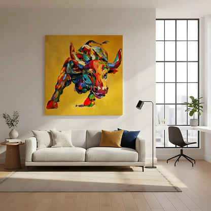 Tableau vibrant de taureau aux couleurs éclatantes, fond doré, idéal pour salon moderne ou bureau, ambiance dynamique.