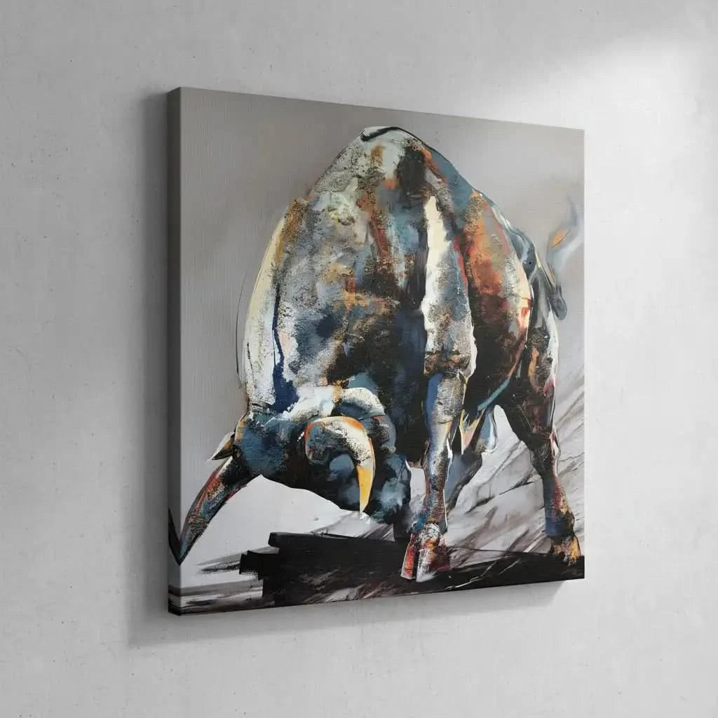 Tableau impressionnant d'un taureau en charge, nuances de bleu et rouge, énergie et vitalité pour salon ou bureau.