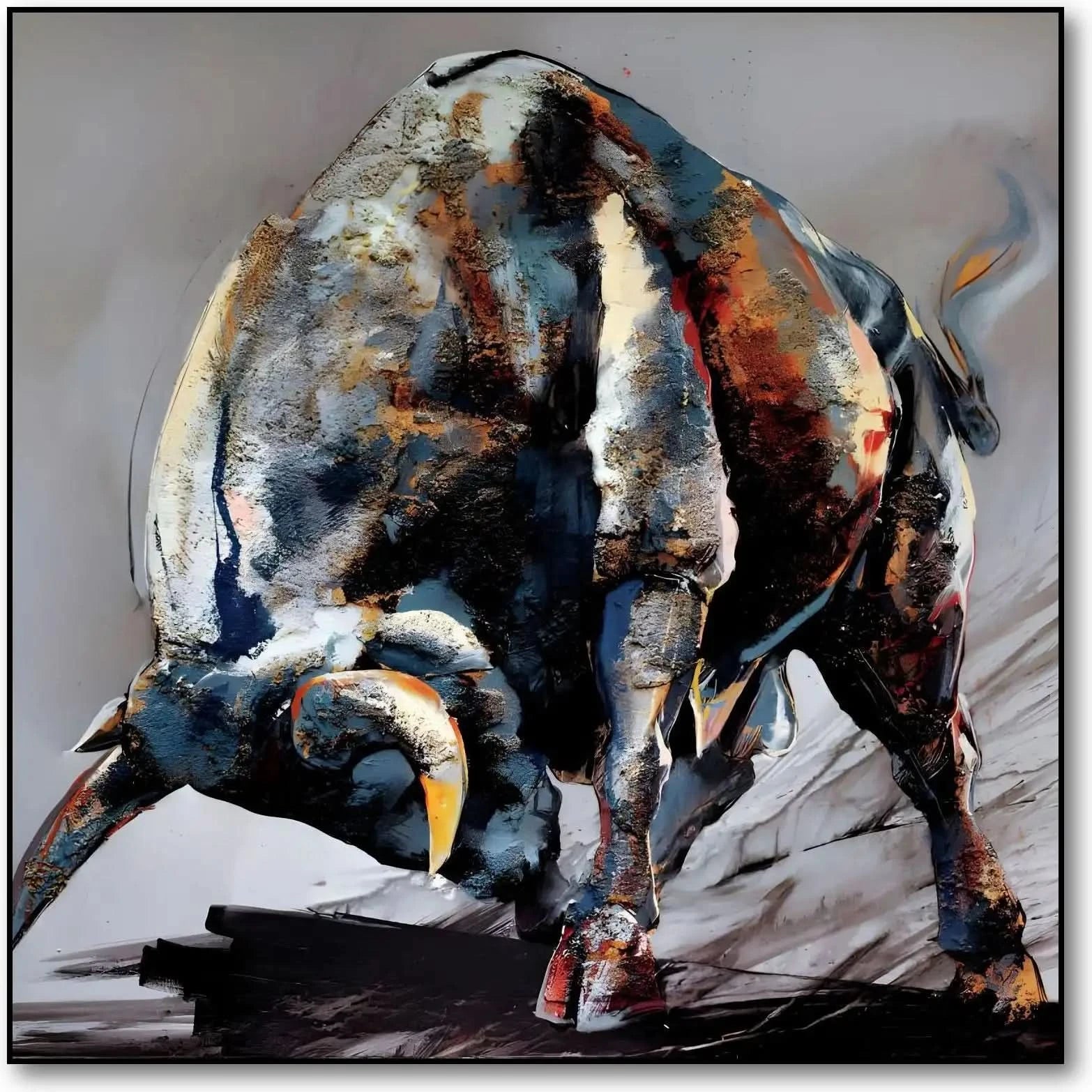 Tableau impressionnant d'un taureau en charge, nuances de bleu et rouge, énergie et vitalité pour salon ou bureau.