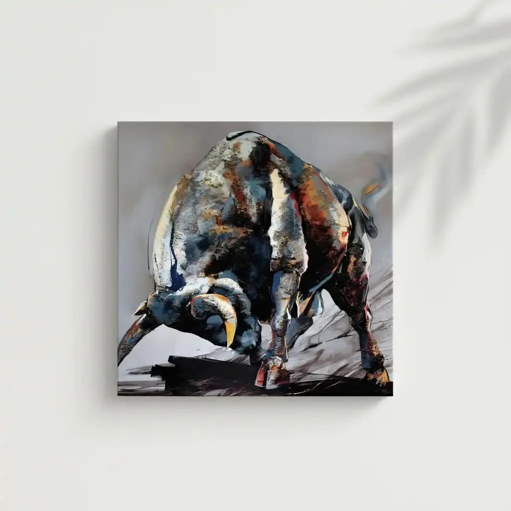 Tableau impressionnant d'un taureau en charge, nuances de bleu et rouge, énergie et vitalité pour salon ou bureau.