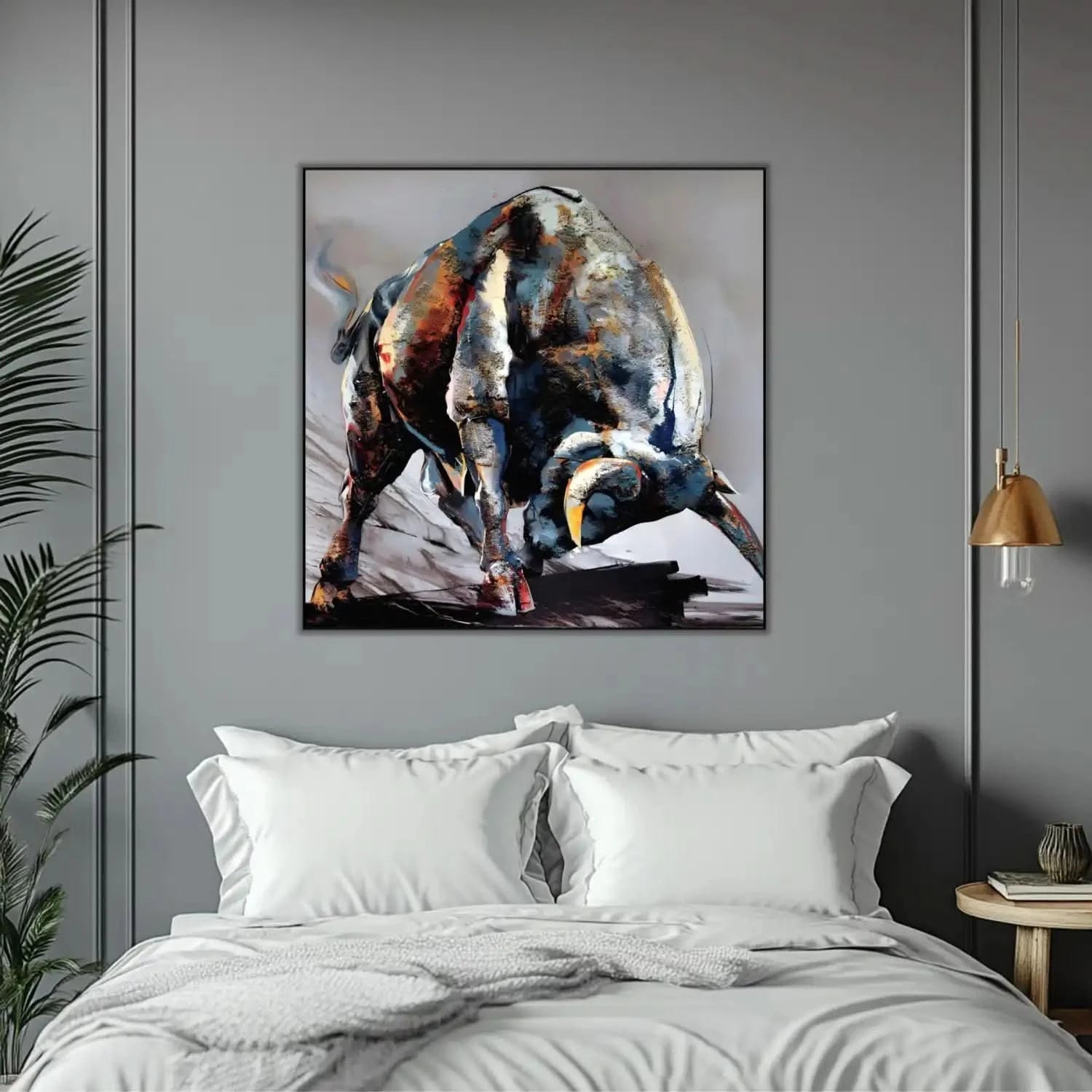 Tableau impressionnant d'un taureau en charge, nuances de bleu et rouge, énergie et vitalité pour salon ou bureau.