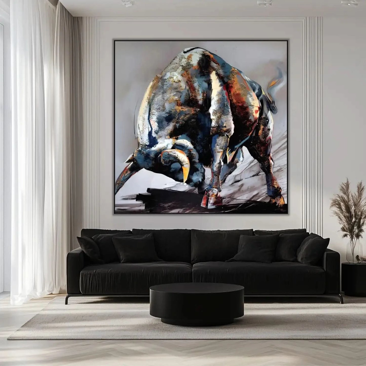 Tableau impressionnant d'un taureau en charge, nuances de bleu et rouge, énergie et vitalité pour salon ou bureau.