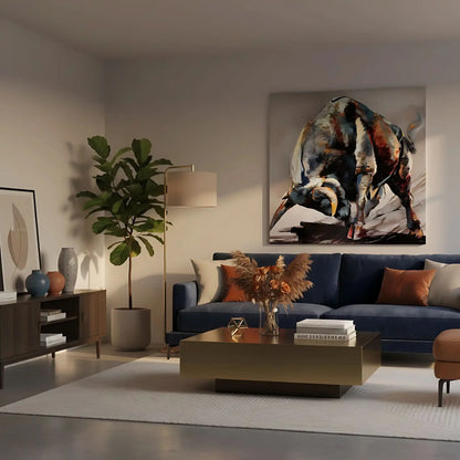 Tableau impressionnant d'un taureau en charge, nuances de bleu et rouge, énergie et vitalité pour salon ou bureau.