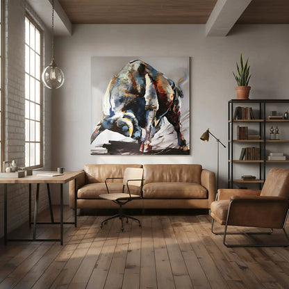Tableau impressionnant d'un taureau en charge, nuances de bleu et rouge, énergie et vitalité pour salon ou bureau.