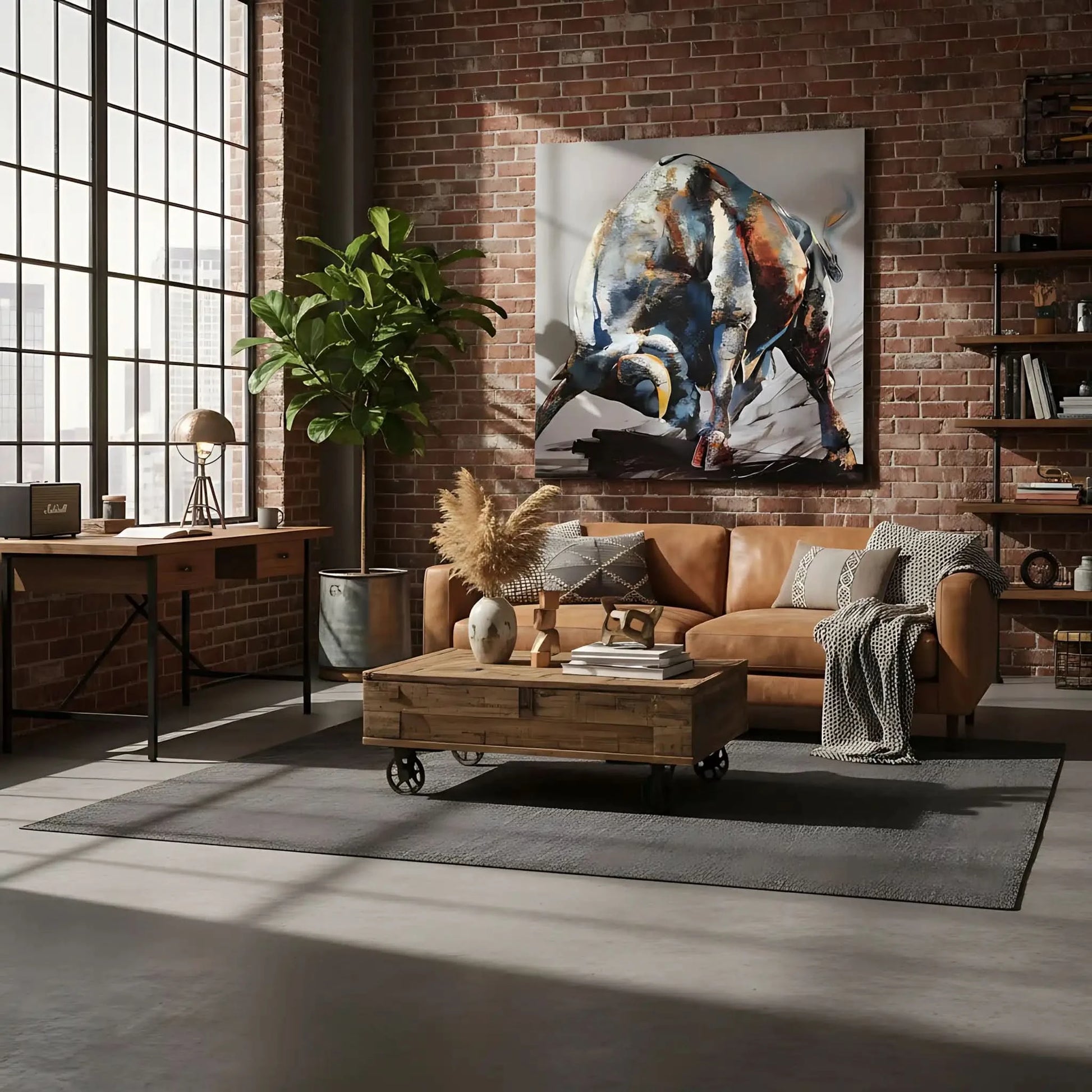 Tableau impressionnant d'un taureau en charge, nuances de bleu et rouge, énergie et vitalité pour salon ou bureau.