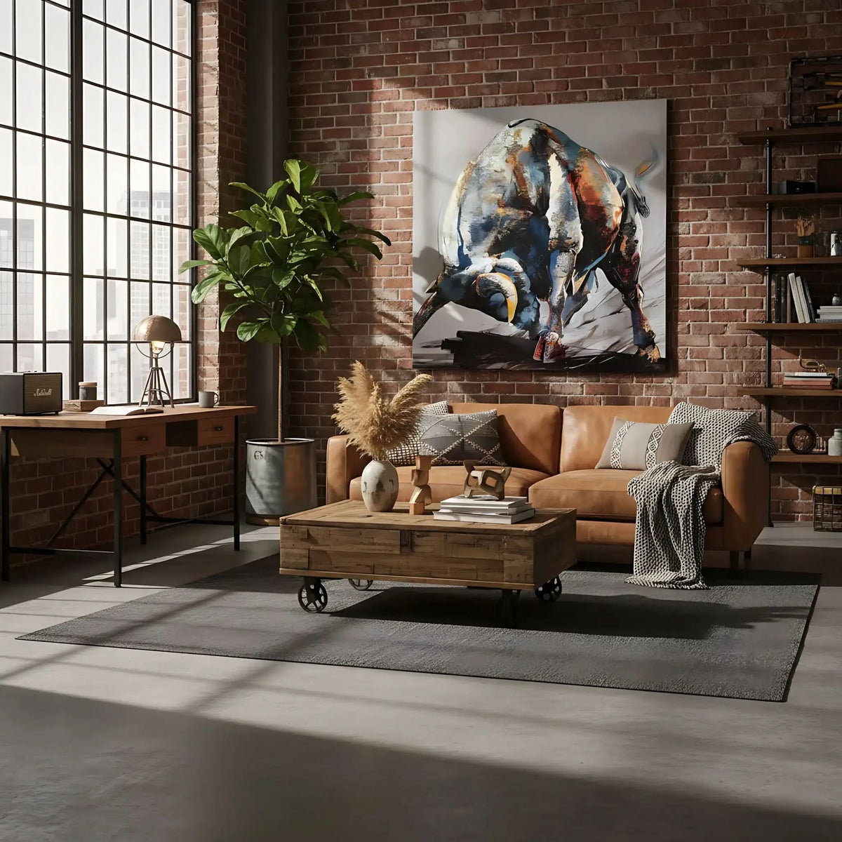 Tableau impressionnant d'un taureau en charge, nuances de bleu et rouge, énergie et vitalité pour salon ou bureau.