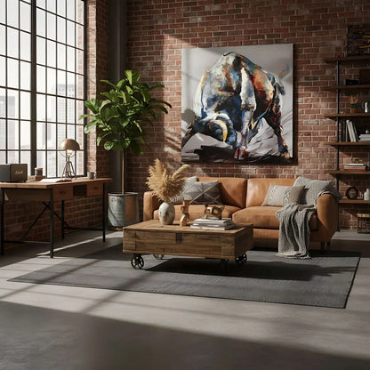 Tableau impressionnant d'un taureau en charge, nuances de bleu et rouge, énergie et vitalité pour salon ou bureau.