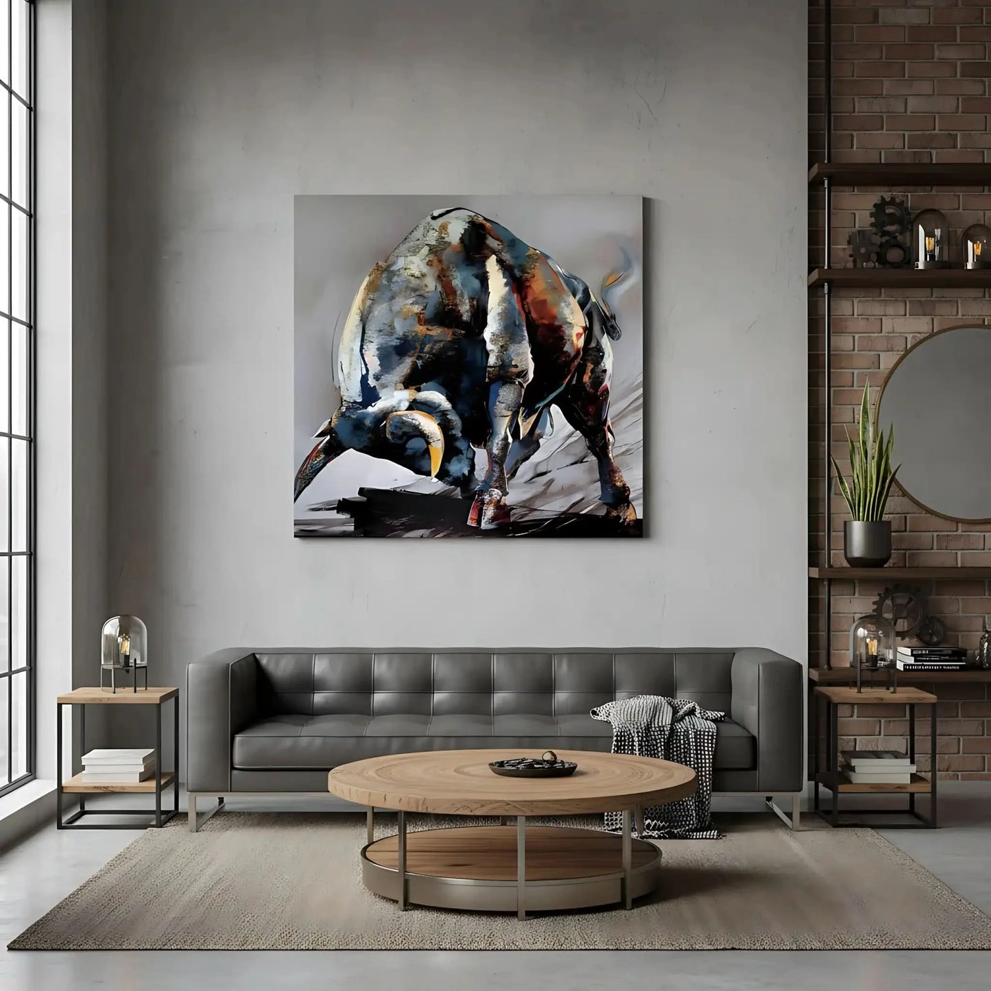 Tableau impressionnant d'un taureau en charge, nuances de bleu et rouge, énergie et vitalité pour salon ou bureau.