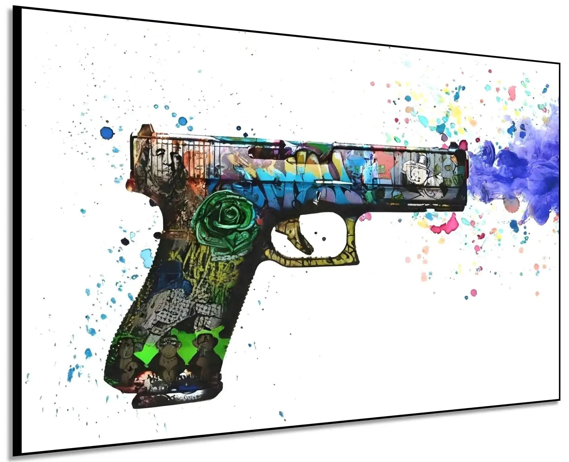 Pistolet orné de graffitis multicolores, explosion de couleurs vives, ambiance urbaine et dynamique pour salon moderne.