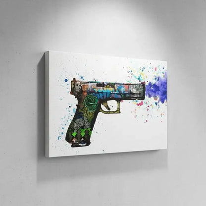 Pistolet orné de graffitis multicolores, explosion de couleurs vives, ambiance urbaine et dynamique pour salon moderne.