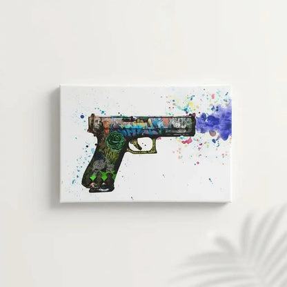 Pistolet orné de graffitis multicolores, explosion de couleurs vives, ambiance urbaine et dynamique pour salon moderne.
