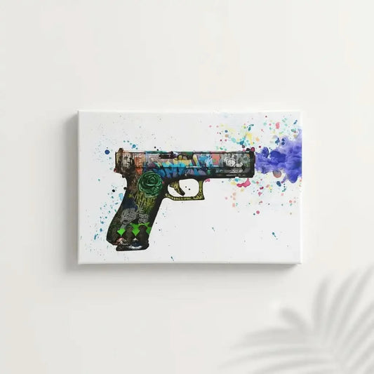 Pistolet orné de graffitis multicolores, explosion de couleurs vives, ambiance urbaine et dynamique pour salon moderne.