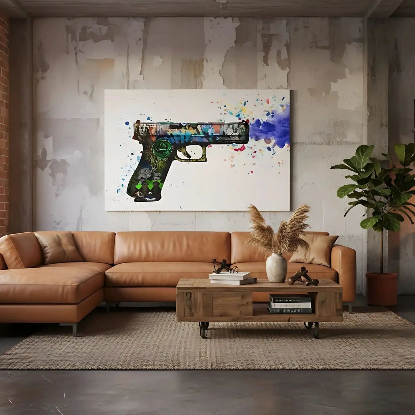 Pistolet orné de graffitis multicolores, explosion de couleurs vives, ambiance urbaine et dynamique pour salon moderne.