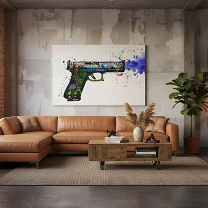 Pistolet orné de graffitis multicolores, explosion de couleurs vives, ambiance urbaine et dynamique pour salon moderne.
