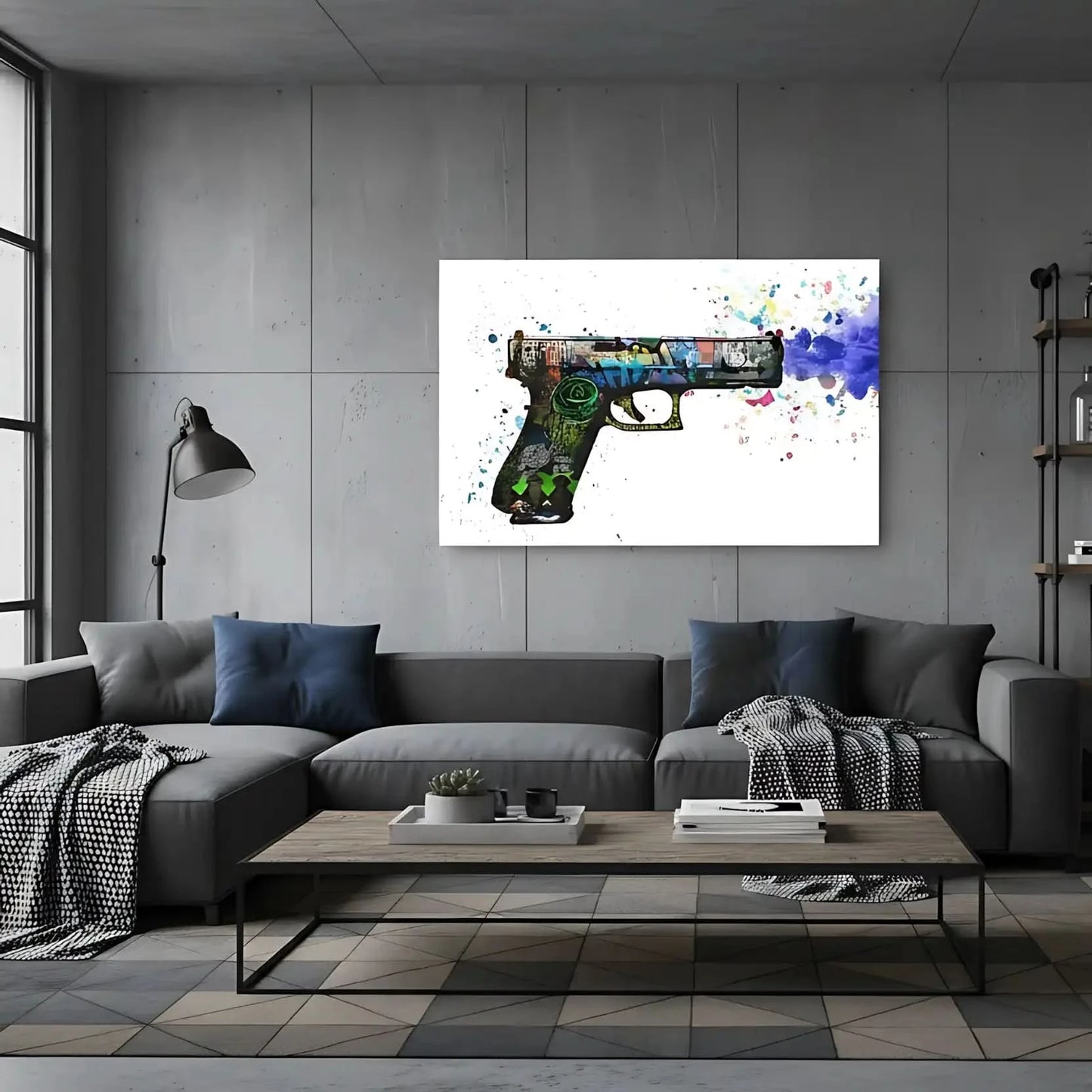 Pistolet orné de graffitis multicolores, explosion de couleurs vives, ambiance urbaine et dynamique pour salon moderne.
