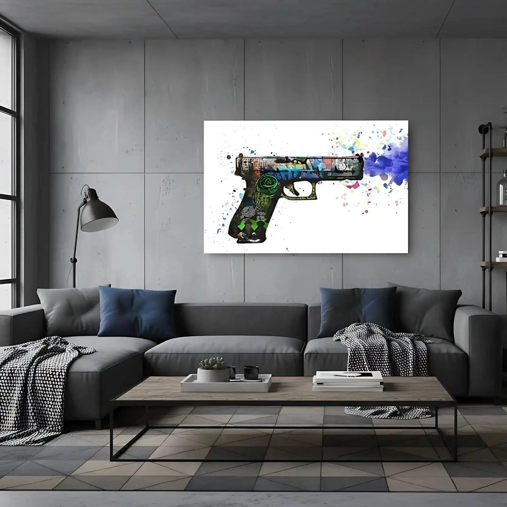Pistolet orné de graffitis multicolores, explosion de couleurs vives, ambiance urbaine et dynamique pour salon moderne.