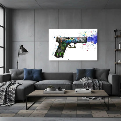 Pistolet orné de graffitis multicolores, explosion de couleurs vives, ambiance urbaine et dynamique pour salon moderne.