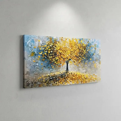 Arbre abstrait doré aux feuilles pièces tombantes, palette jaune et beige, apportant chance et fortune pour salon ou bureau.